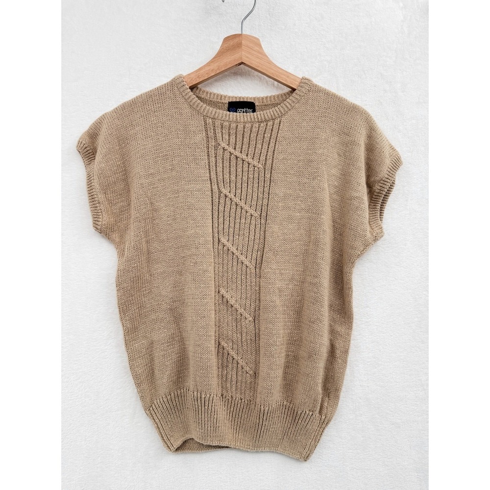 Vintage Tan Ramie Cotton Cable Knit Cap Sleeve Sweater M Neutral 80s Minimalist